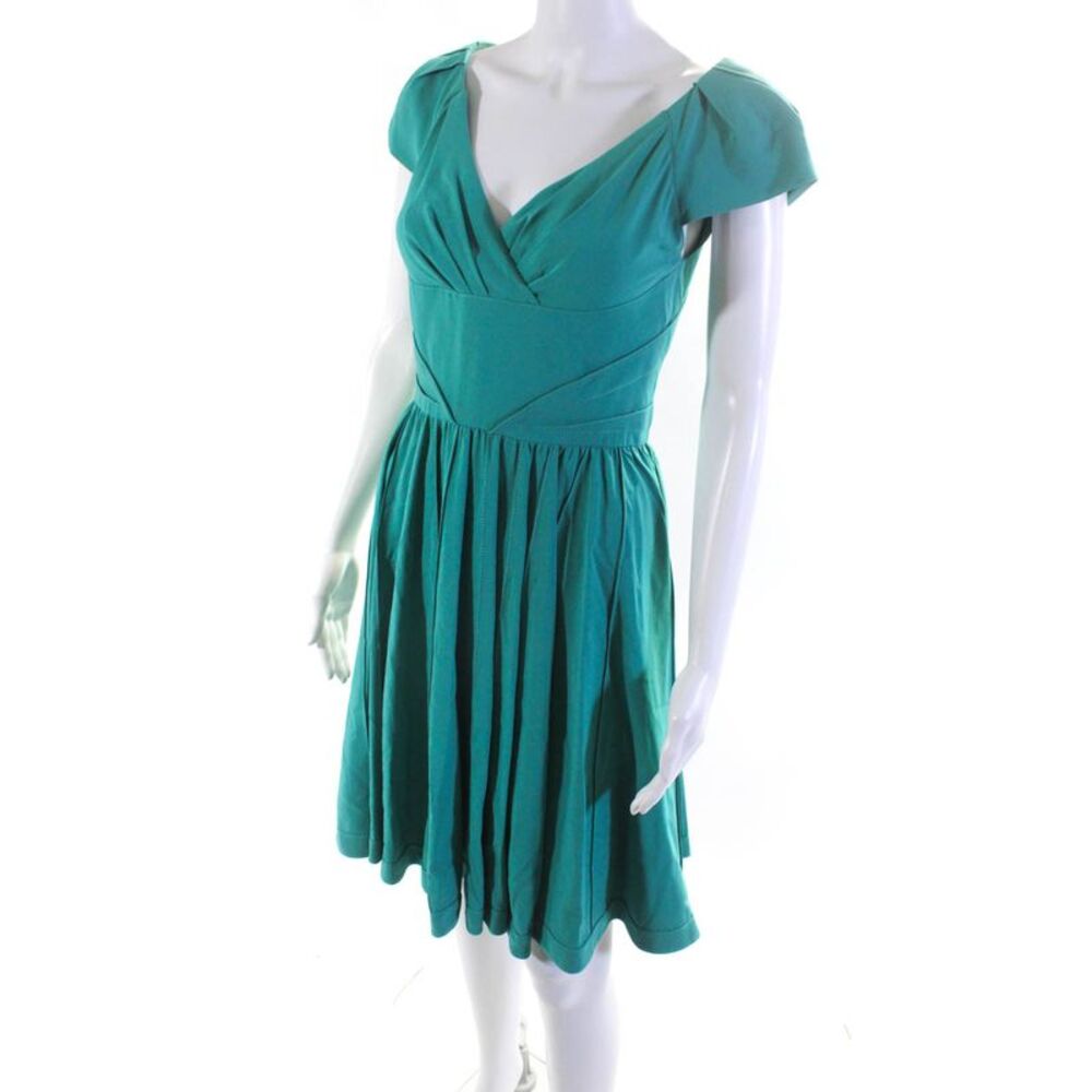 Zac Posen Womens Silk Short Sleeves V Neck A Line Dress Turquoise Blue Size 4 - Picture 2 of 7